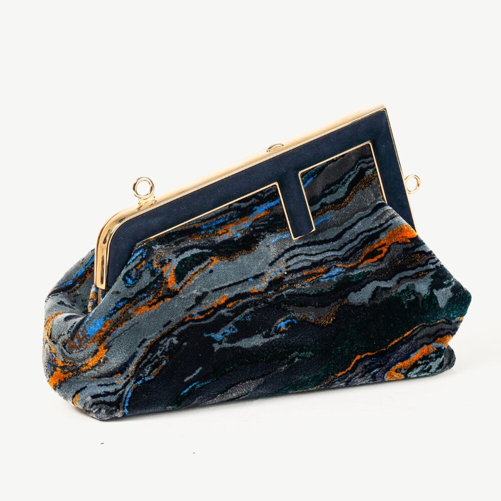 Fendi First Small Blue Tappetino Velvet Clutch